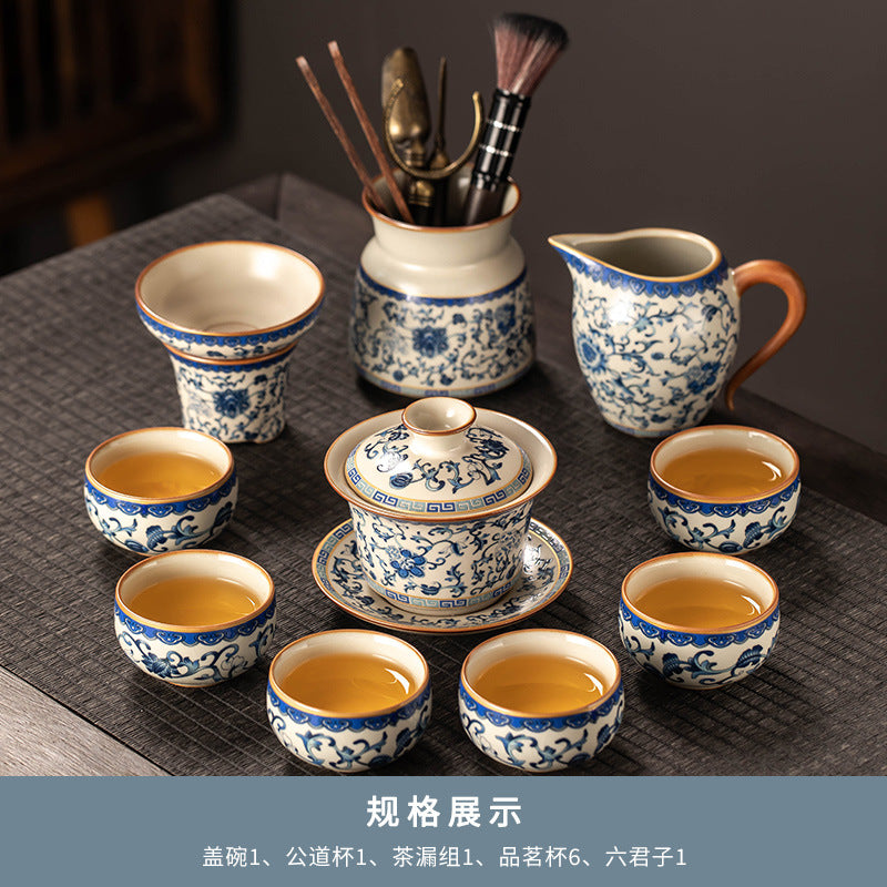 Celestial Glow Porcelain Tea Set: Blue & Gold on Ru Kiln Crackle