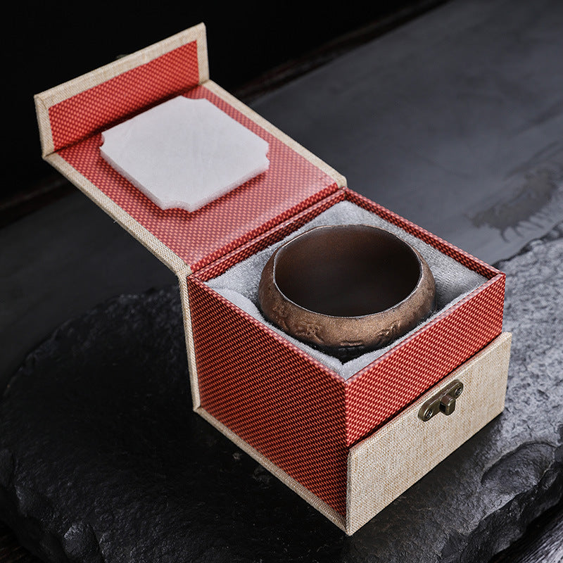 Rustic Hand-Thrown Tea Cup with Sanskrit Inscription, Metallic Glaze, Unique Ceramic Yunomi for Mindful Tea Drinking