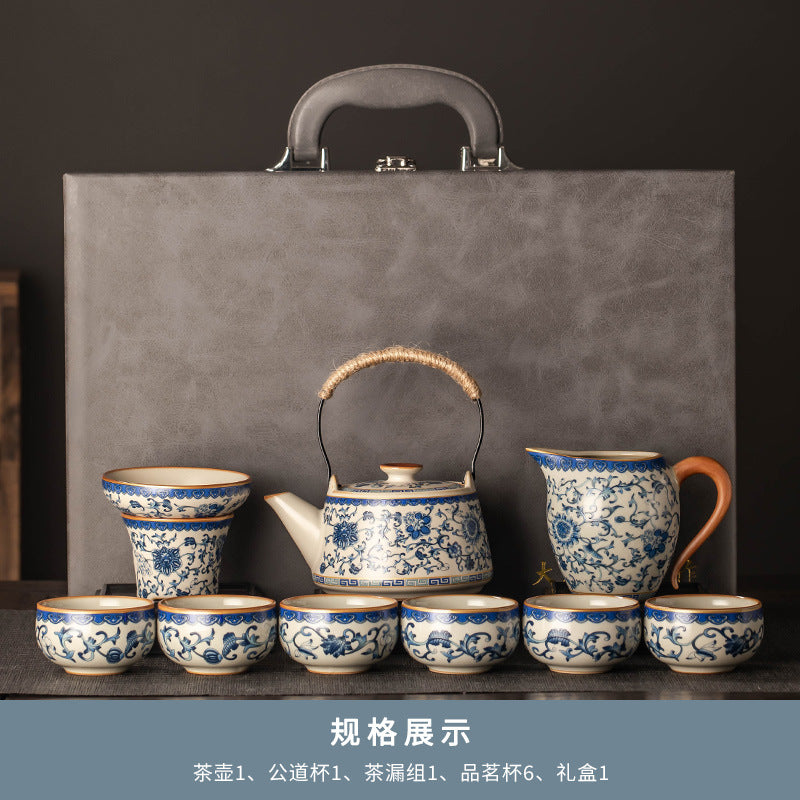 Celestial Glow Porcelain Tea Set: Blue & Gold on Ru Kiln Crackle