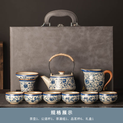 Celestial Glow Porcelain Tea Set: Blue & Gold on Ru Kiln Crackle
