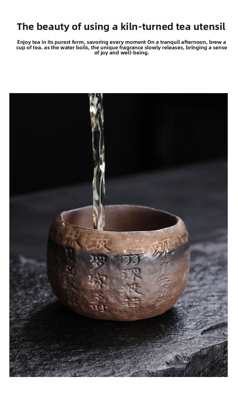 Rustic Hand-Thrown Tea Cup with Sanskrit Inscription, Metallic Glaze, Unique Ceramic Yunomi for Mindful Tea Drinking