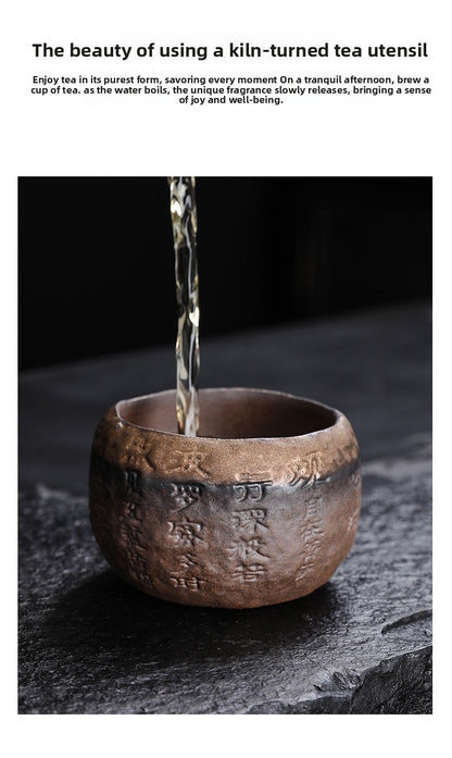 Rustic Hand-Thrown Tea Cup with Sanskrit Inscription, Metallic Glaze, Unique Ceramic Yunomi for Mindful Tea Drinking