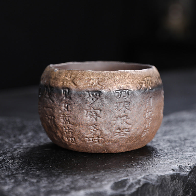 Rustic Hand-Thrown Tea Cup with Sanskrit Inscription, Metallic Glaze, Unique Ceramic Yunomi for Mindful Tea Drinking