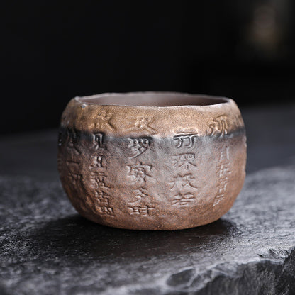 Rustic Hand-Thrown Tea Cup with Sanskrit Inscription, Metallic Glaze, Unique Ceramic Yunomi for Mindful Tea Drinking