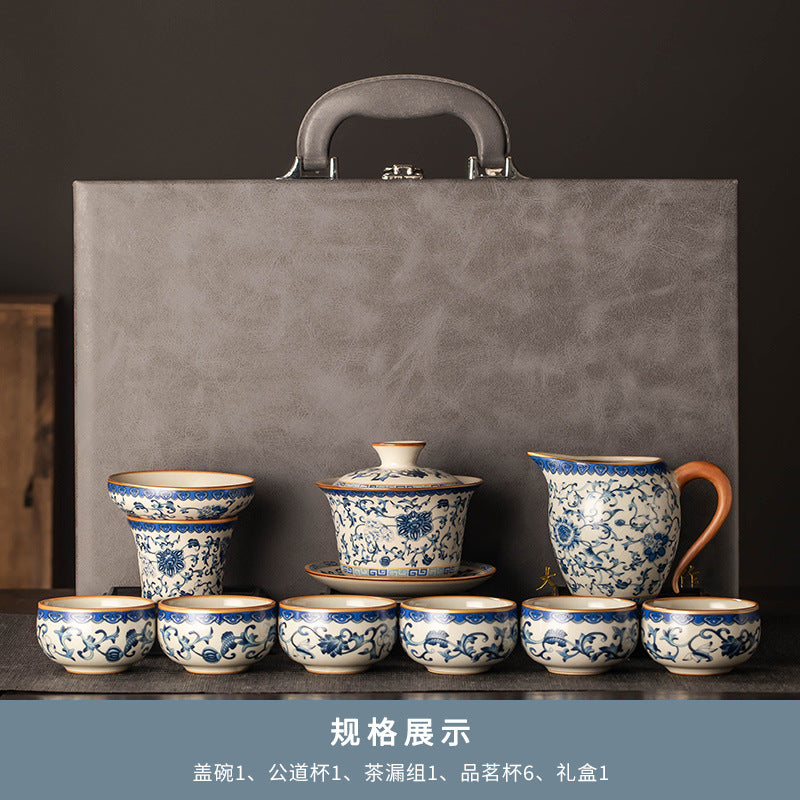 Celestial Glow Porcelain Tea Set: Blue & Gold on Ru Kiln Crackle