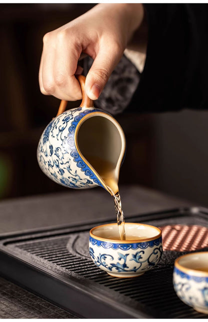 Celestial Glow Porcelain Tea Set: Blue & Gold on Ru Kiln Crackle