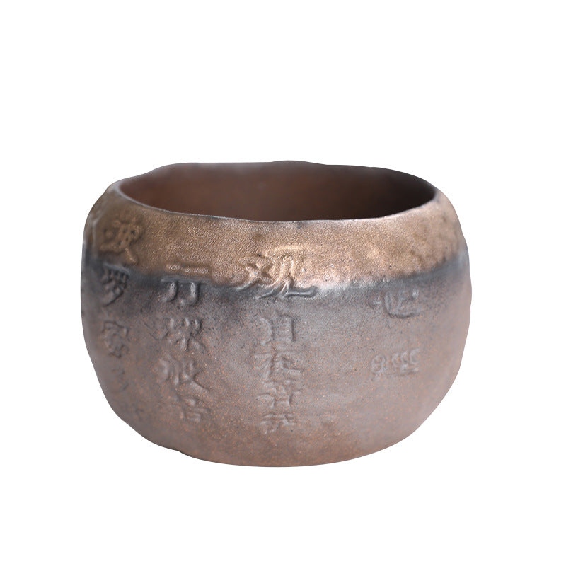 Rustic Hand-Thrown Tea Cup with Sanskrit Inscription, Metallic Glaze, Unique Ceramic Yunomi for Mindful Tea Drinking