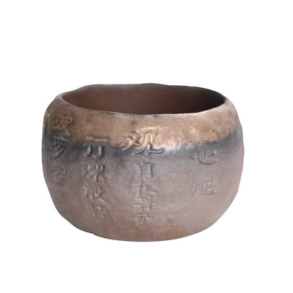 Rustic Hand-Thrown Tea Cup with Sanskrit Inscription, Metallic Glaze, Unique Ceramic Yunomi for Mindful Tea Drinking