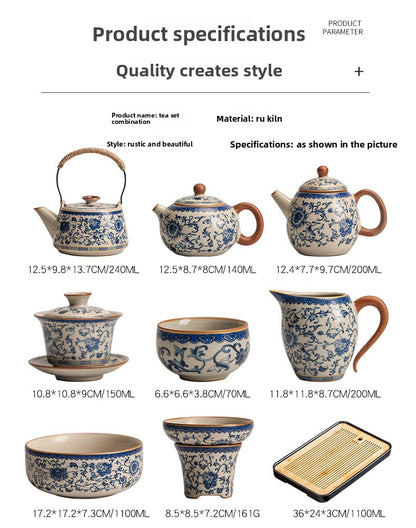 Celestial Glow Porcelain Tea Set: Blue & Gold on Ru Kiln Crackle