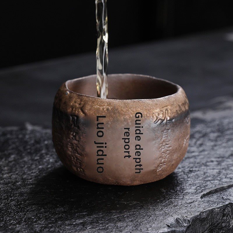 Rustic Hand-Thrown Tea Cup with Sanskrit Inscription, Metallic Glaze, Unique Ceramic Yunomi for Mindful Tea Drinking