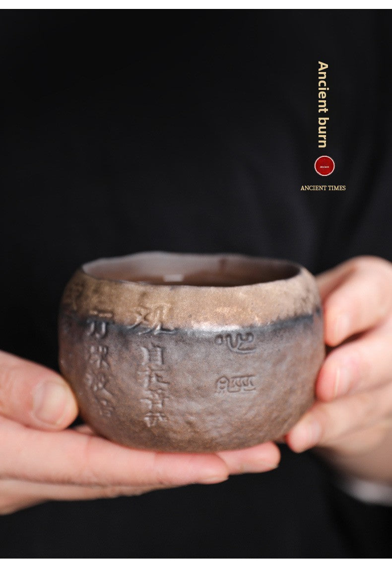 Rustic Hand-Thrown Tea Cup with Sanskrit Inscription, Metallic Glaze, Unique Ceramic Yunomi for Mindful Tea Drinking