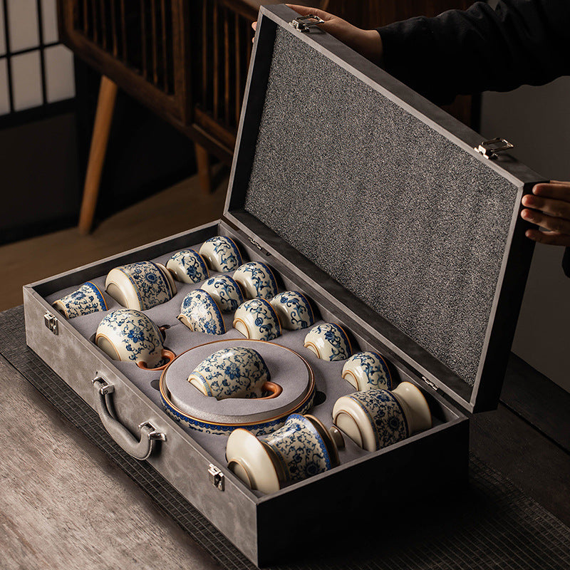 Celestial Glow Porcelain Tea Set: Blue & Gold on Ru Kiln Crackle