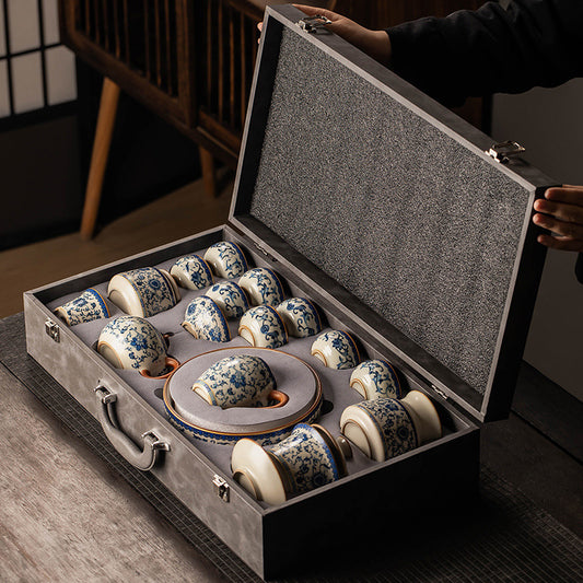 Celestial Glow Porcelain Tea Set: Blue & Gold on Ru Kiln Crackle