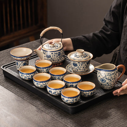 Celestial Glow Porcelain Tea Set: Blue & Gold on Ru Kiln Crackle