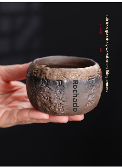 Rustic Hand-Thrown Tea Cup with Sanskrit Inscription, Metallic Glaze, Unique Ceramic Yunomi for Mindful Tea Drinking