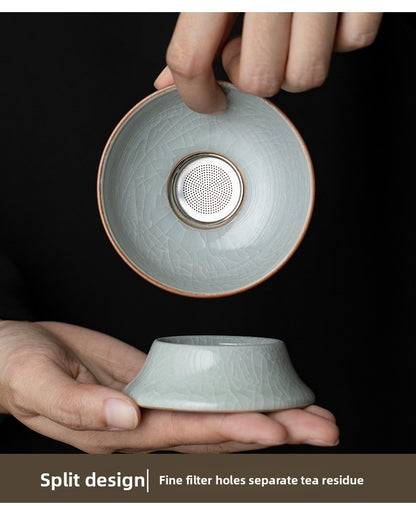 Blue and White Ru Kiln Tea Set Household Kung Fu Tea Set - Chinese Ceramic Tea Utensils Full Set - Tea Tray Tea Cup Teapot Combination