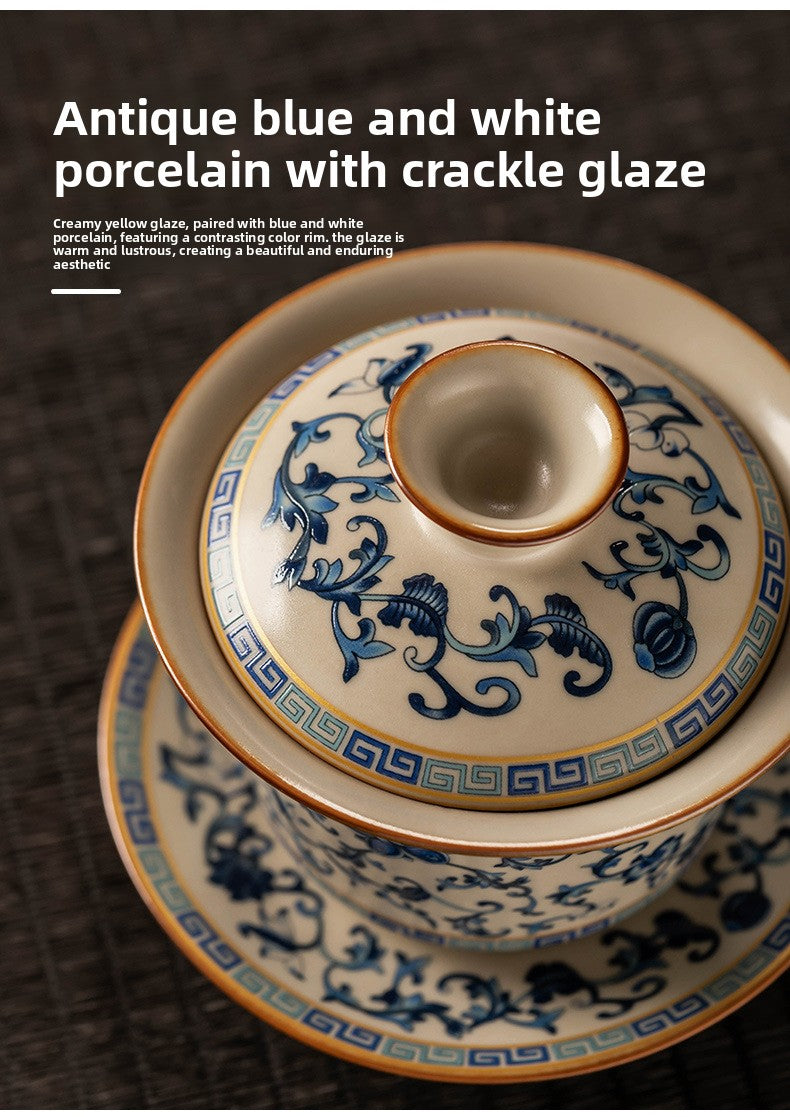Celestial Glow Porcelain Tea Set: Blue & Gold on Ru Kiln Crackle