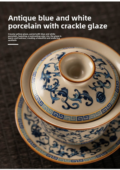Celestial Glow Porcelain Tea Set: Blue & Gold on Ru Kiln Crackle