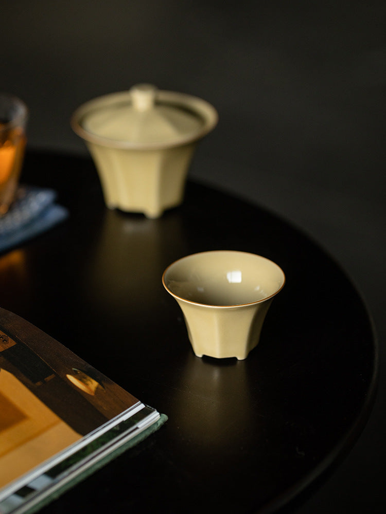 Octagonal Tea Cup, Yellow Porcelain, Ding Kiln Style Ceramic, Chinese Tea Cup, Fine Ceramics