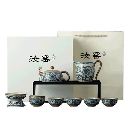 Blue and White Ru Kiln Tea Set Household Kung Fu Tea Set - Chinese Ceramic Tea Utensils Full Set - Tea Tray Tea Cup Teapot Combination