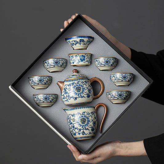 Blue and White Ru Kiln Tea Set Household Kung Fu Tea Set - Chinese Ceramic Tea Utensils Full Set - Tea Tray Tea Cup Teapot Combination