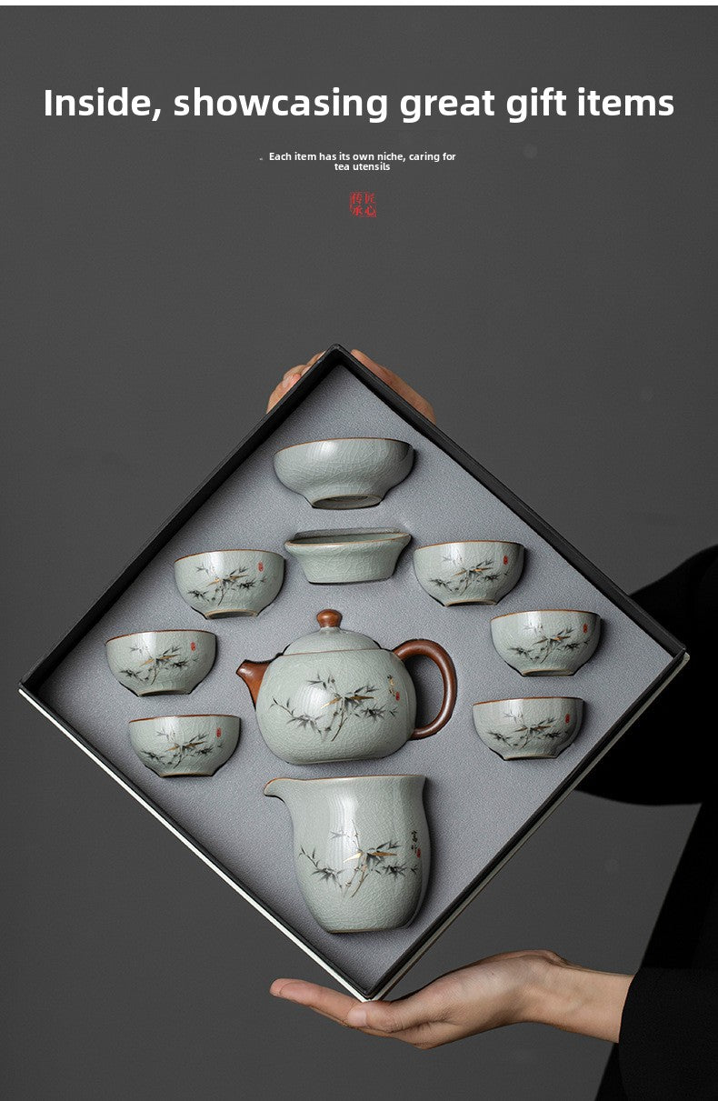 Blue and White Ru Kiln Tea Set Household Kung Fu Tea Set - Chinese Ceramic Tea Utensils Full Set - Tea Tray Tea Cup Teapot Combination