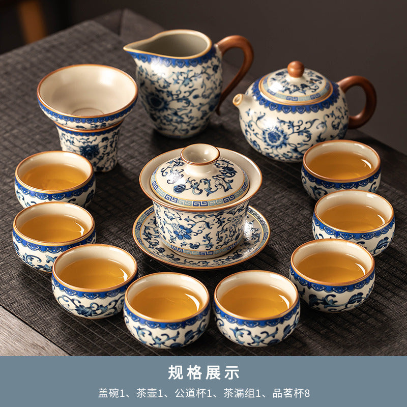 Celestial Glow Porcelain Tea Set: Blue & Gold on Ru Kiln Crackle