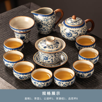 Celestial Glow Porcelain Tea Set: Blue & Gold on Ru Kiln Crackle