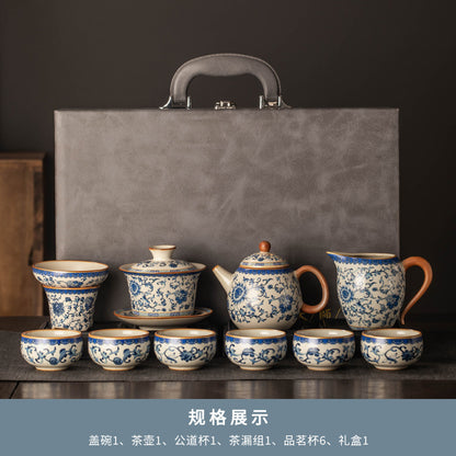 Celestial Glow Porcelain Tea Set: Blue & Gold on Ru Kiln Crackle