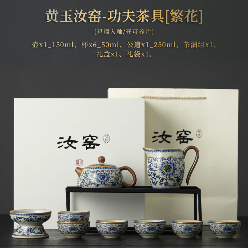 Blue and White Ru Kiln Tea Set Household Kung Fu Tea Set - Chinese Ceramic Tea Utensils Full Set - Tea Tray Tea Cup Teapot Combination