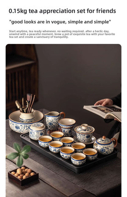 Celestial Glow Porcelain Tea Set: Blue & Gold on Ru Kiln Crackle