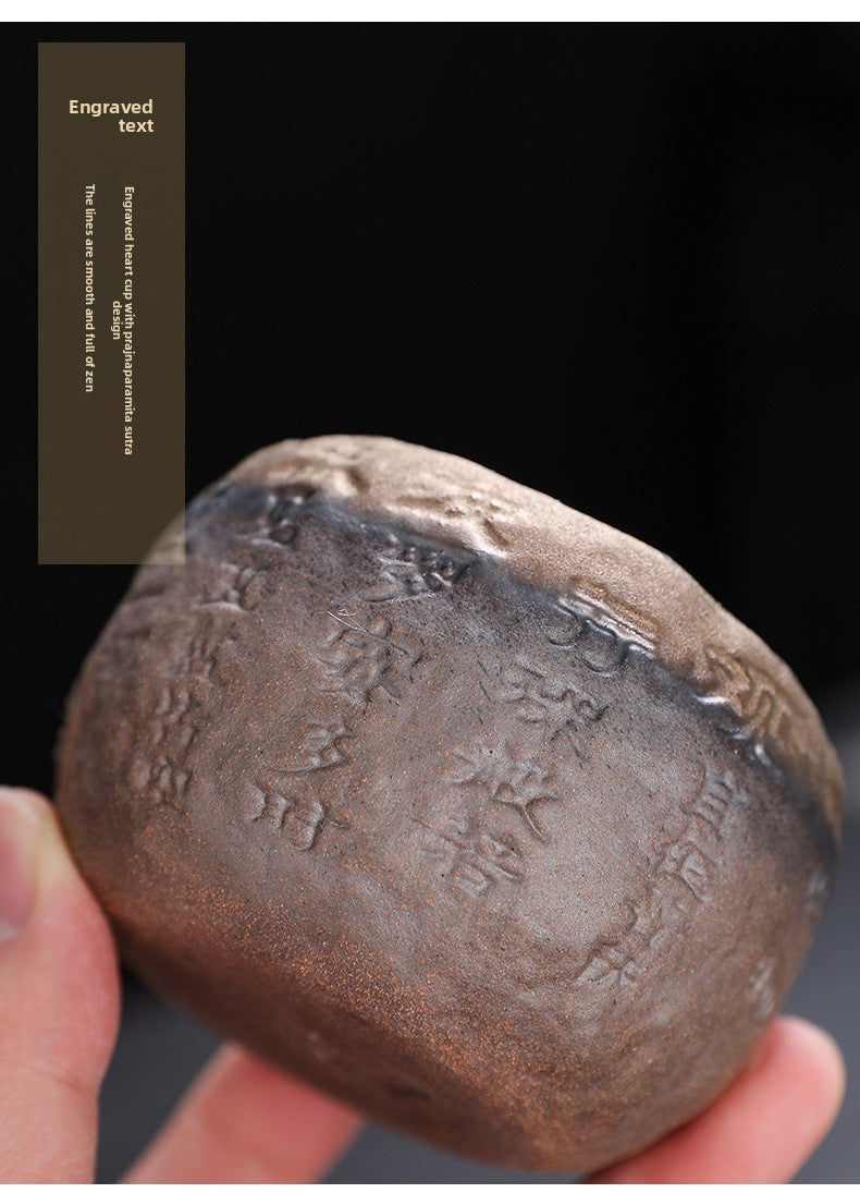 Rustic Hand-Thrown Tea Cup with Sanskrit Inscription, Metallic Glaze, Unique Ceramic Yunomi for Mindful Tea Drinking