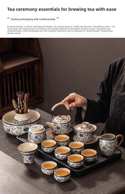 Celestial Glow Porcelain Tea Set: Blue & Gold on Ru Kiln Crackle