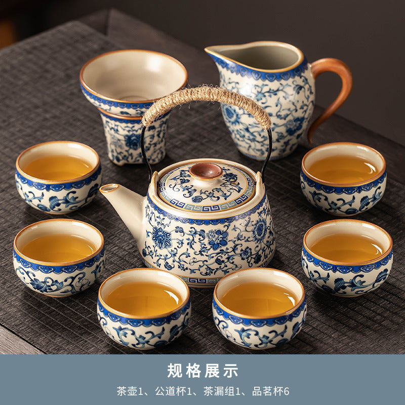 Celestial Glow Porcelain Tea Set: Blue & Gold on Ru Kiln Crackle