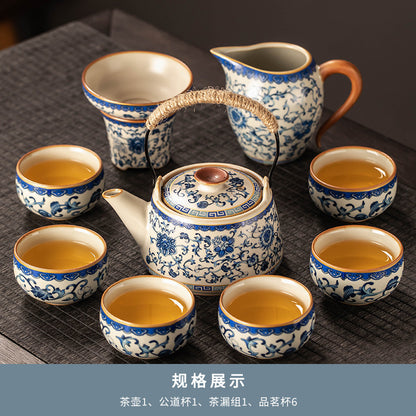 Celestial Glow Porcelain Tea Set: Blue & Gold on Ru Kiln Crackle