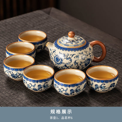 Celestial Glow Porcelain Tea Set: Blue & Gold on Ru Kiln Crackle