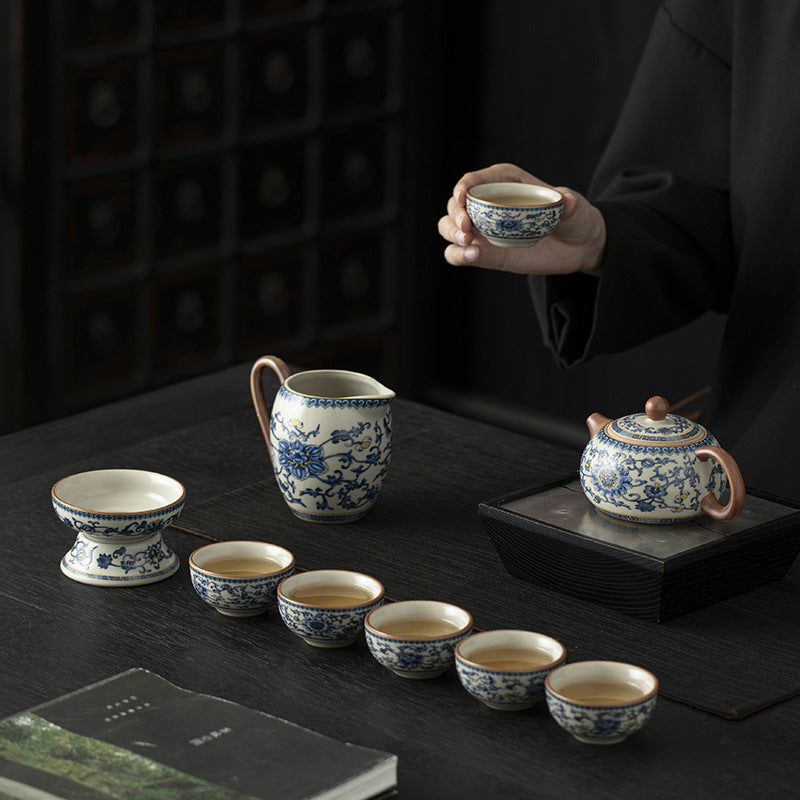 Blue and White Ru Kiln Tea Set Household Kung Fu Tea Set - Chinese Ceramic Tea Utensils Full Set - Tea Tray Tea Cup Teapot Combination