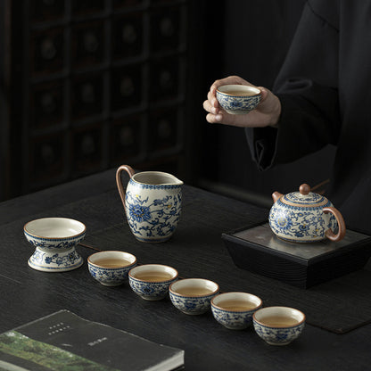 Blue and White Ru Kiln Tea Set Household Kung Fu Tea Set - Chinese Ceramic Tea Utensils Full Set - Tea Tray Tea Cup Teapot Combination