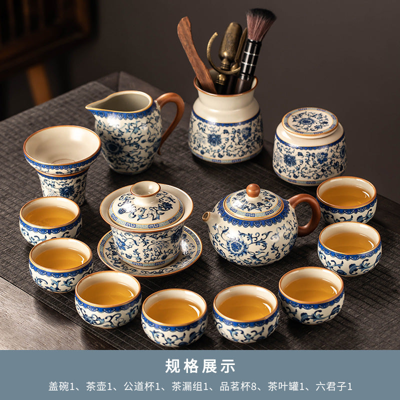 Celestial Glow Porcelain Tea Set: Blue & Gold on Ru Kiln Crackle