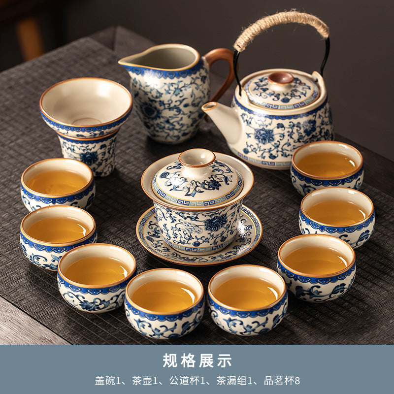 Celestial Glow Porcelain Tea Set: Blue & Gold on Ru Kiln Crackle