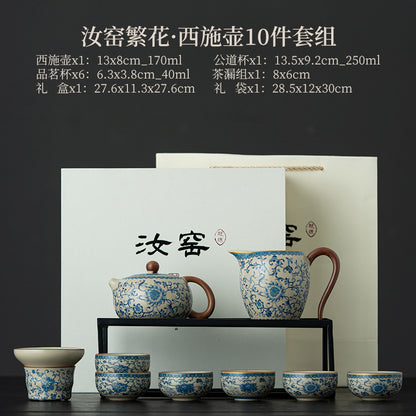 Blue and White Ru Kiln Tea Set Household Kung Fu Tea Set - Chinese Ceramic Tea Utensils Full Set - Tea Tray Tea Cup Teapot Combination