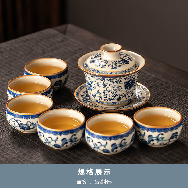 Celestial Glow Porcelain Tea Set: Blue & Gold on Ru Kiln Crackle