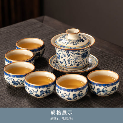 Celestial Glow Porcelain Tea Set: Blue & Gold on Ru Kiln Crackle
