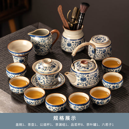 Celestial Glow Porcelain Tea Set: Blue & Gold on Ru Kiln Crackle