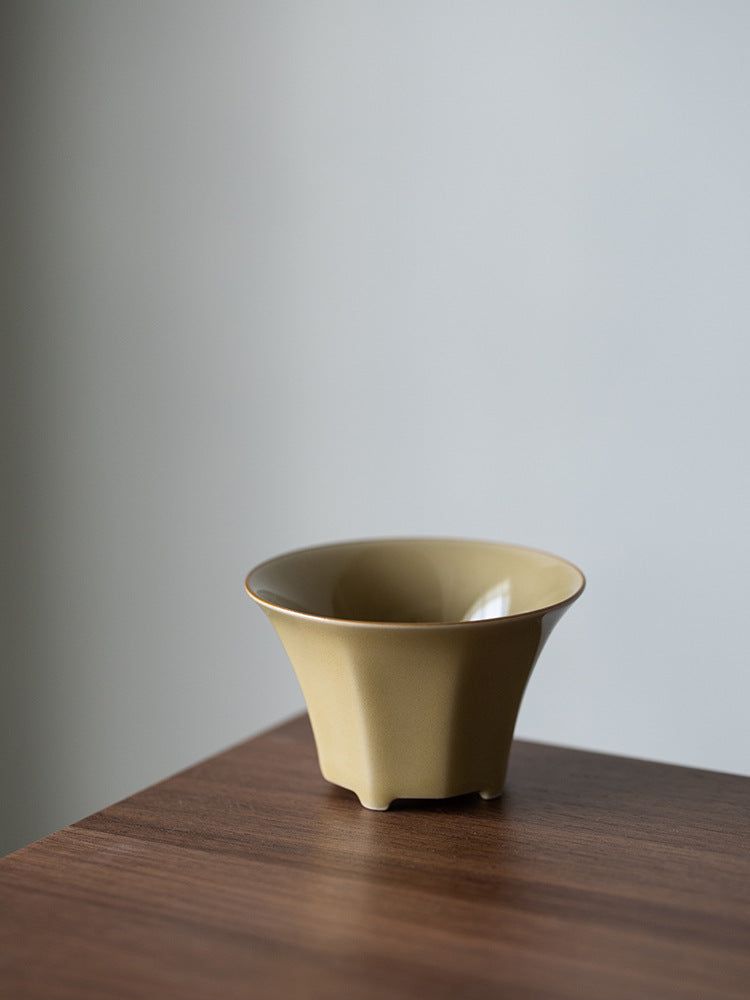 Octagonal Tea Cup, Yellow Porcelain, Ding Kiln Style Ceramic, Chinese Tea Cup, Fine Ceramics