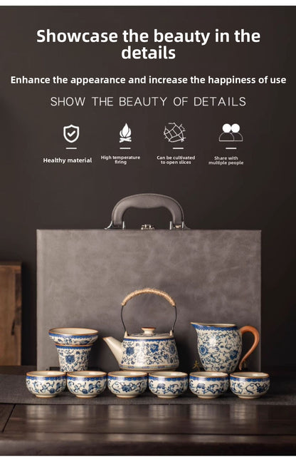 Celestial Glow Porcelain Tea Set: Blue & Gold on Ru Kiln Crackle