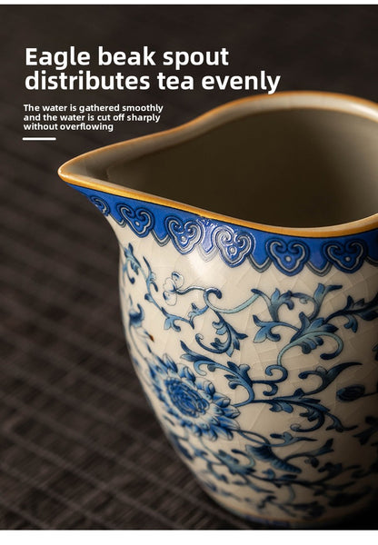 Celestial Glow Porcelain Tea Set: Blue & Gold on Ru Kiln Crackle