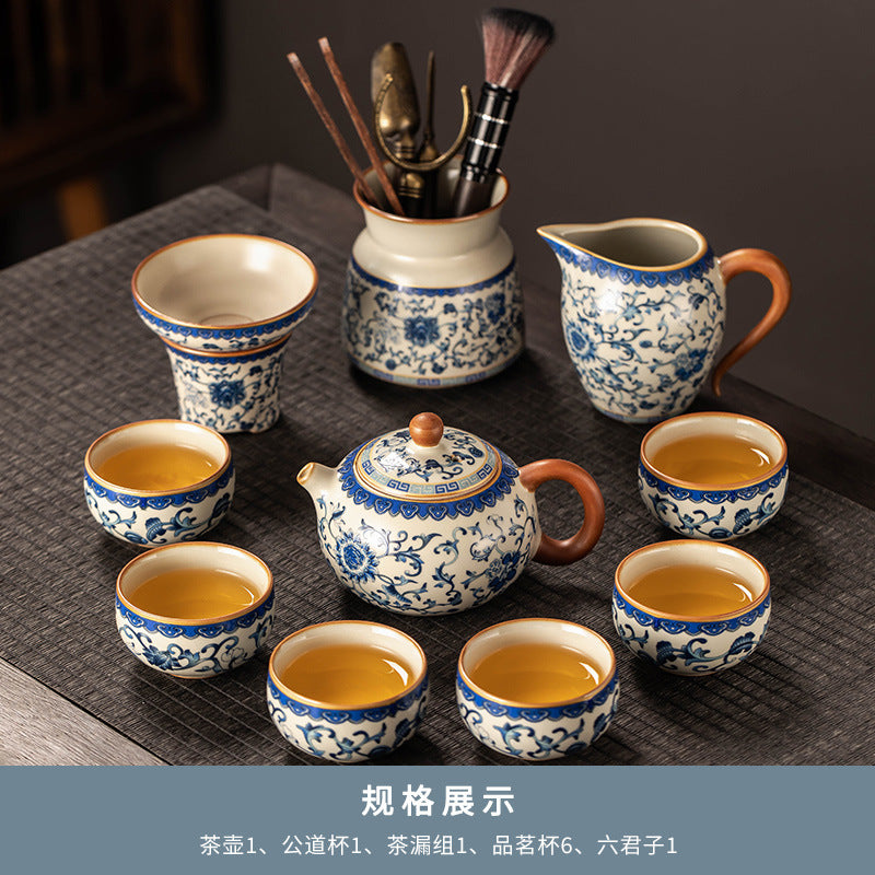 Celestial Glow Porcelain Tea Set: Blue & Gold on Ru Kiln Crackle