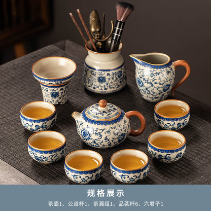 Celestial Glow Porcelain Tea Set: Blue & Gold on Ru Kiln Crackle