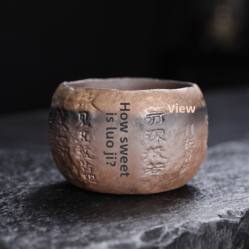 Rustic Hand-Thrown Tea Cup with Sanskrit Inscription, Metallic Glaze, Unique Ceramic Yunomi for Mindful Tea Drinking